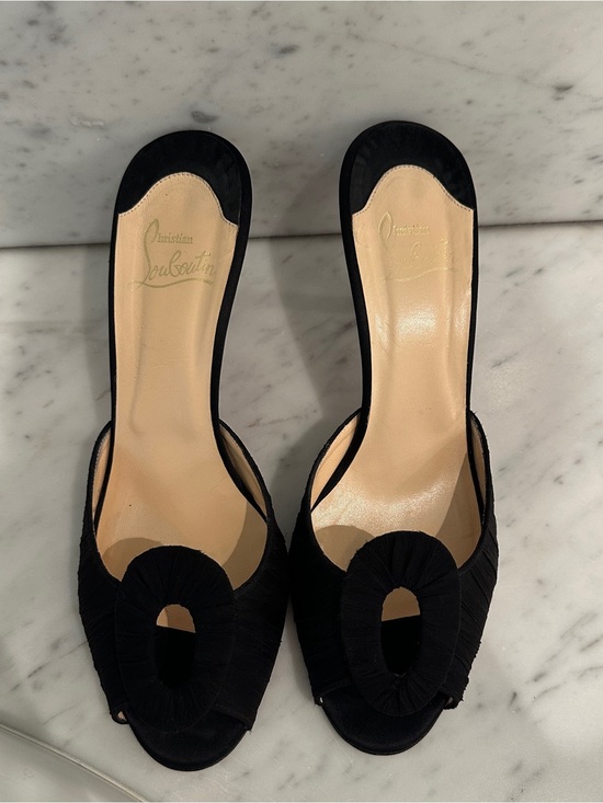 Christian Louboutin Shoes - Vintage Christian Louboutin Black Silk Oval Peep Toe Mule Heels EU 40.5 Red Sole